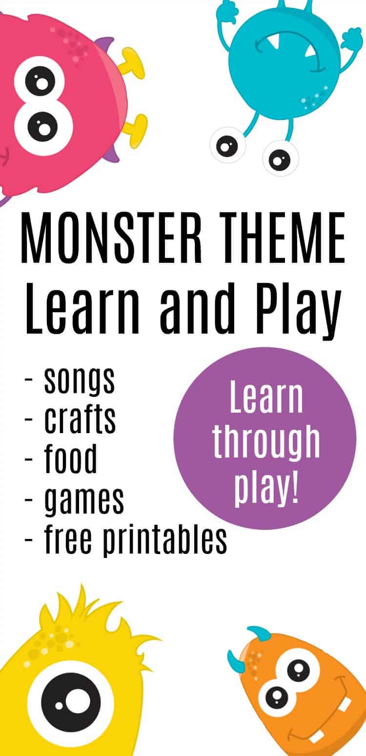 Set up this monster theme learn and play day full of monster songs, monster crafts, monster food, monster printables, and so much more. #monster #monsterparty #monstertheme #monsterprintable #rufflesandrainboots