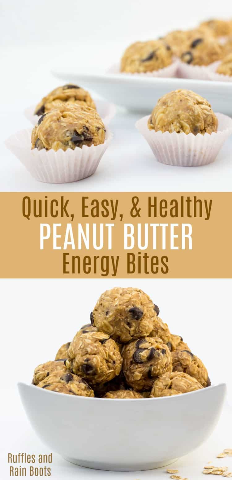 Make these quick and easy healthy peanut butter snacks for kids. These energy bites are great to get the kids in the kitchen! #peanutbutter #peanutbutterrecipes #energybites #kidsinthekitchen #snacks #rufflesandrainboots