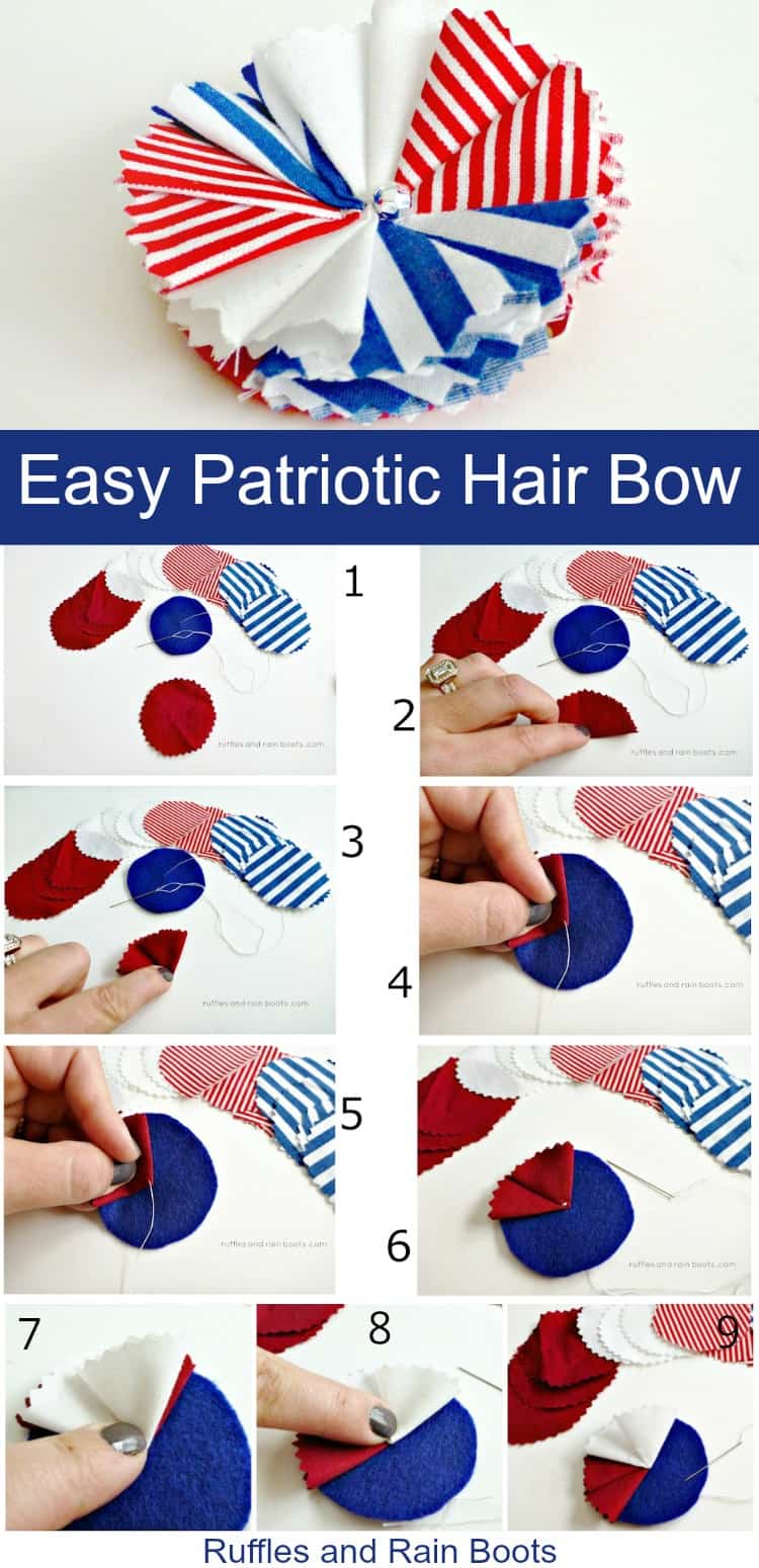 Make this easy DIY patriotic hair bow for 4th of July, Independence Day, or Memorial Day. #hairbow #hair #girlhair #tutorial #independenceday #4thofJuly #July4th #memorialday #patriotic #rufflesandrainboots