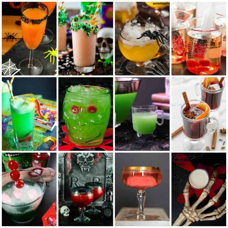 photo collage of 12 halloween party cocktails and mocktails