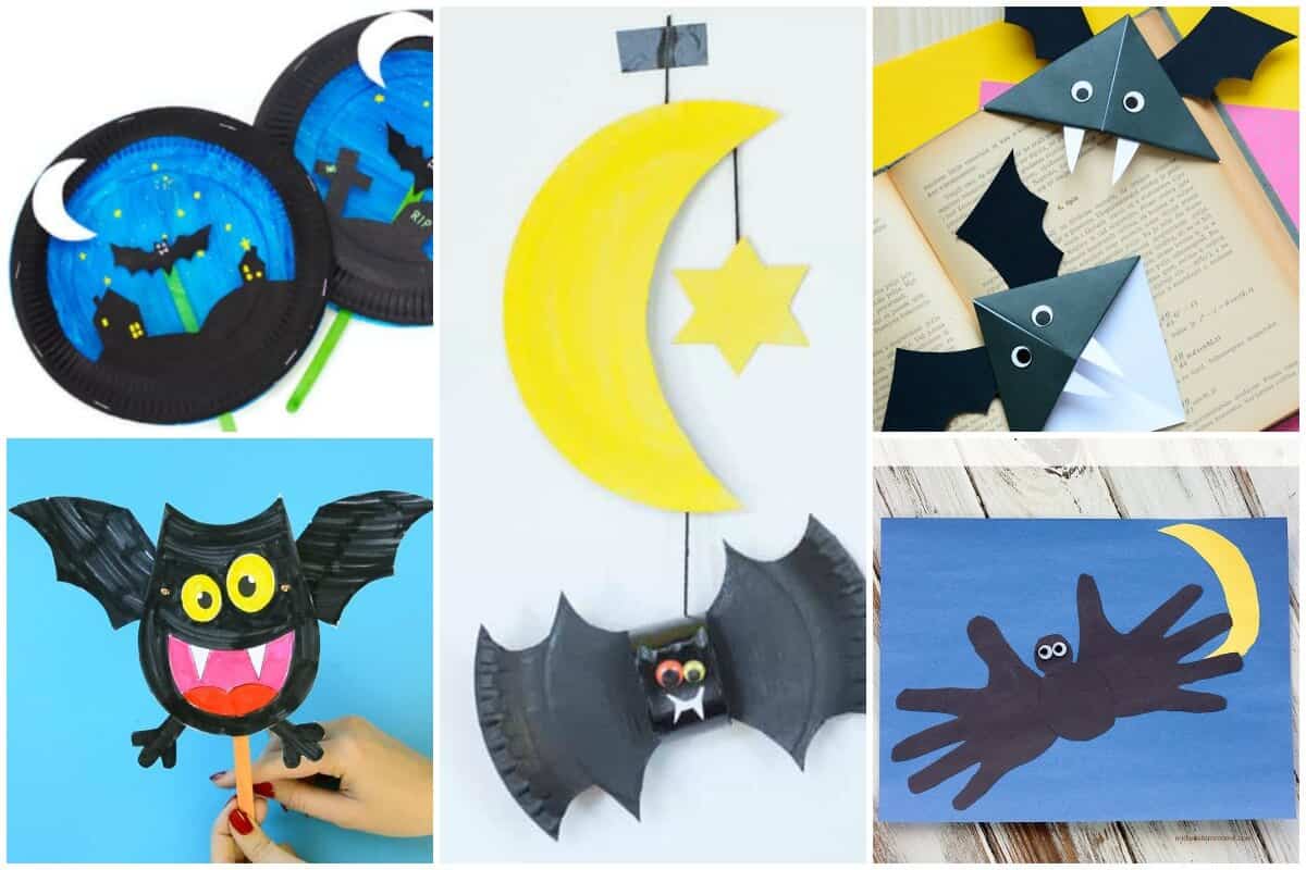 photo collage of 6 bat crafts using paper and paper plates