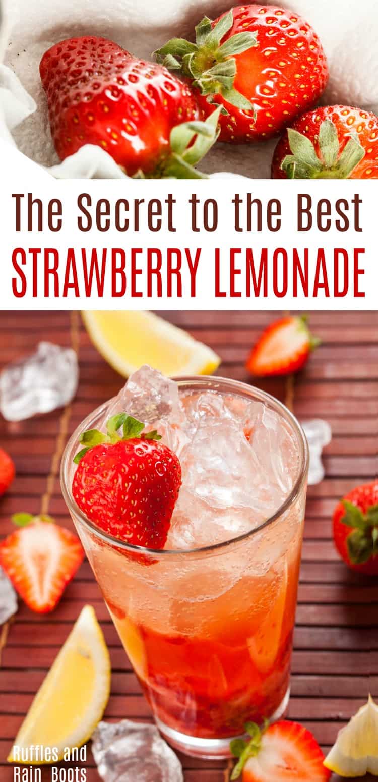 This is the secret to an amazing strawberry lemonade. It's quick to come together and is an amazing hostess gift for summer get-togethers. #strawberry #lemonade #summer #summerdrinks #drinkrecipes #rufflesandrainboots