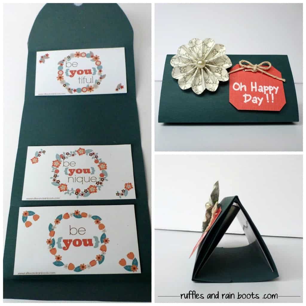 Square image showing a pyramid card constructed from dark green card stock to hold three DIY custom magnets, a paper flower, and an inspiring message with a twine bow.