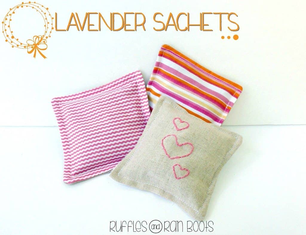 three lavender sachet sewing project on white background