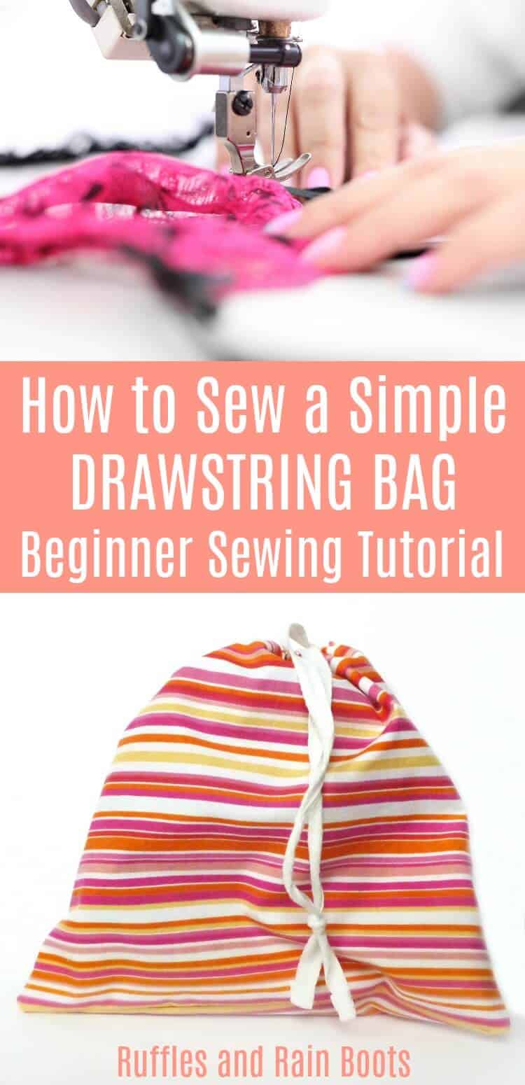 Learn how to make an easy drawstring bag for sewing beginners. It's quick to come together and can be sized for anything and everything. #sewingtutorial #beginnersewing #bagtutorial #organization #sewing #rufflesandrainboots