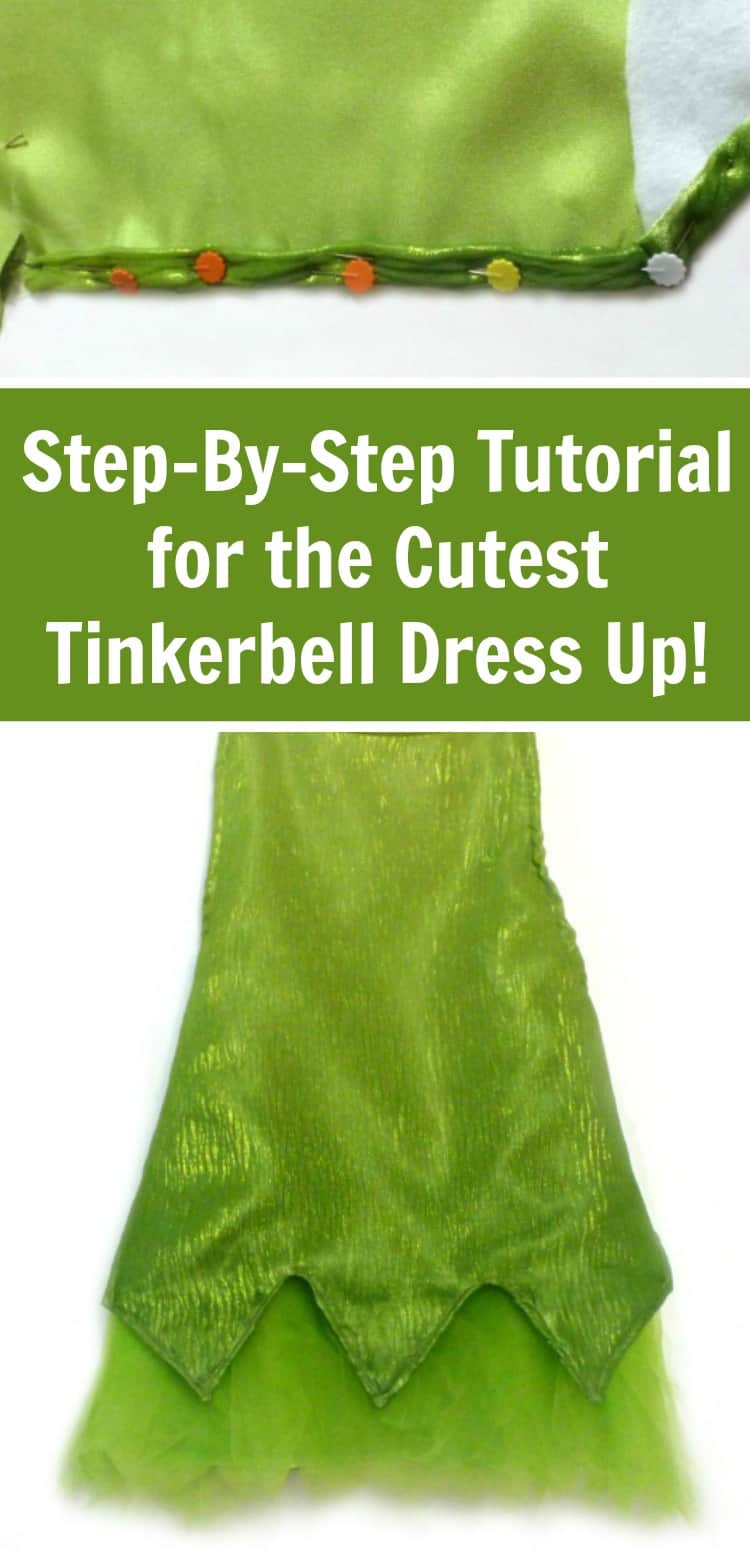This cute Tinkerbell costume is easy for any beginner. It has step by step pictures and instructions - it makes it so simple! #tinkerbell #disney #costumes #rufflesandrainboots
