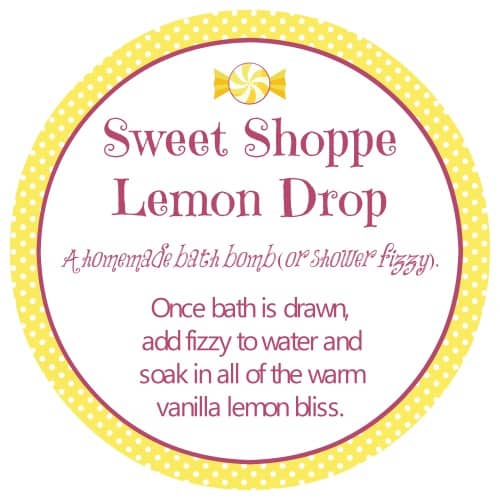 Circular yellow image of a free printable label for vanilla and lemon bath bomb recipe from ruffles and rain boots.
