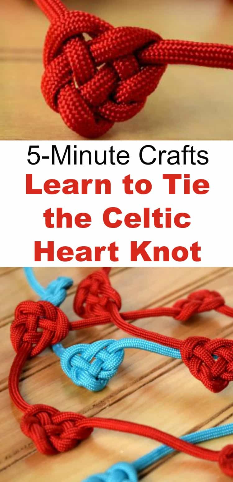 collage of Paracord tied into hearts with text which reads learn to tie the celtic heart knot and make this quick garland