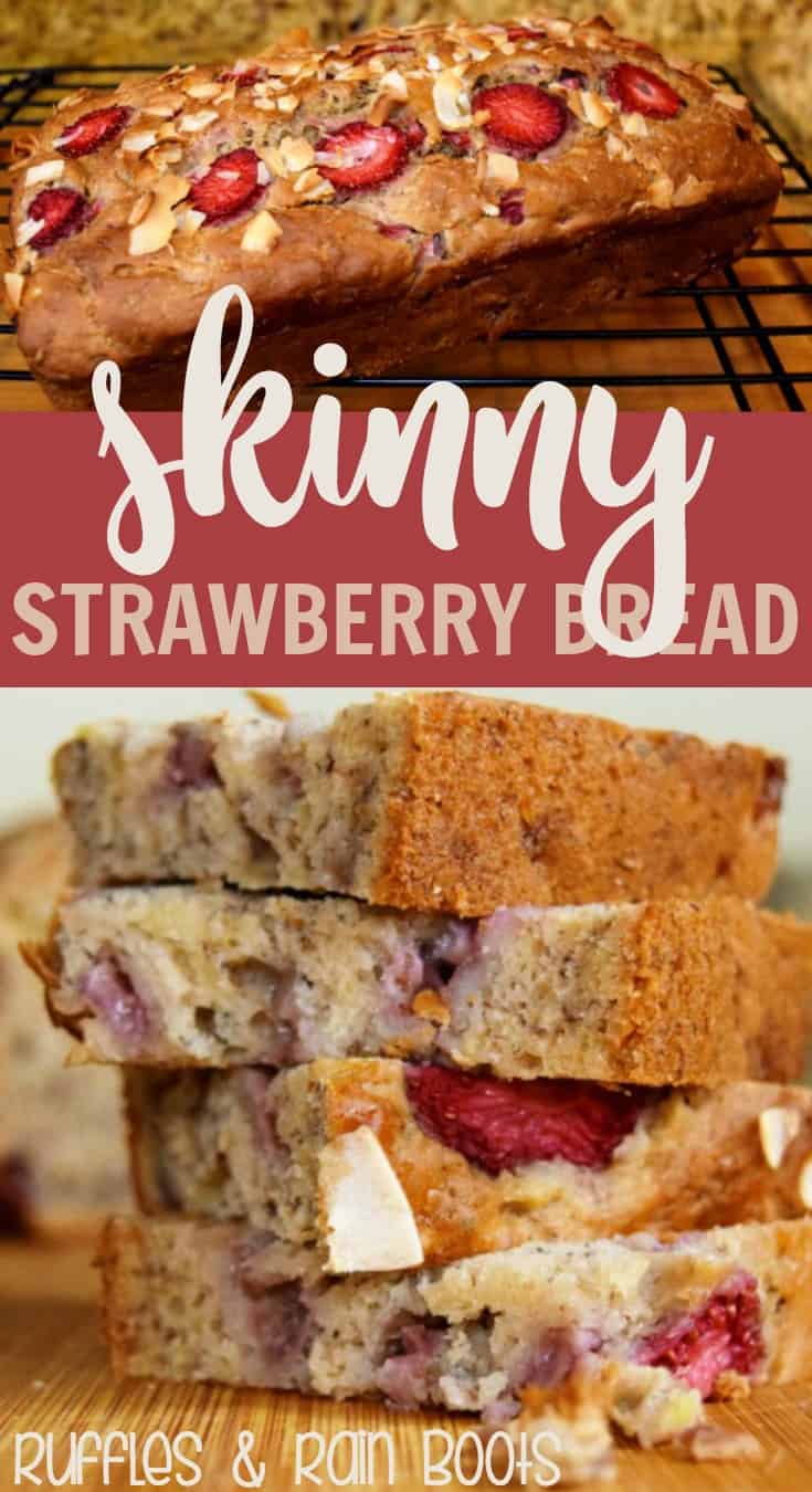 This skinny strawberry banana bread recipe is sure to please the pickiest of eaters! #bread #breadrecipe #strawberryrecipe #strawberry #rufflesandrainboots