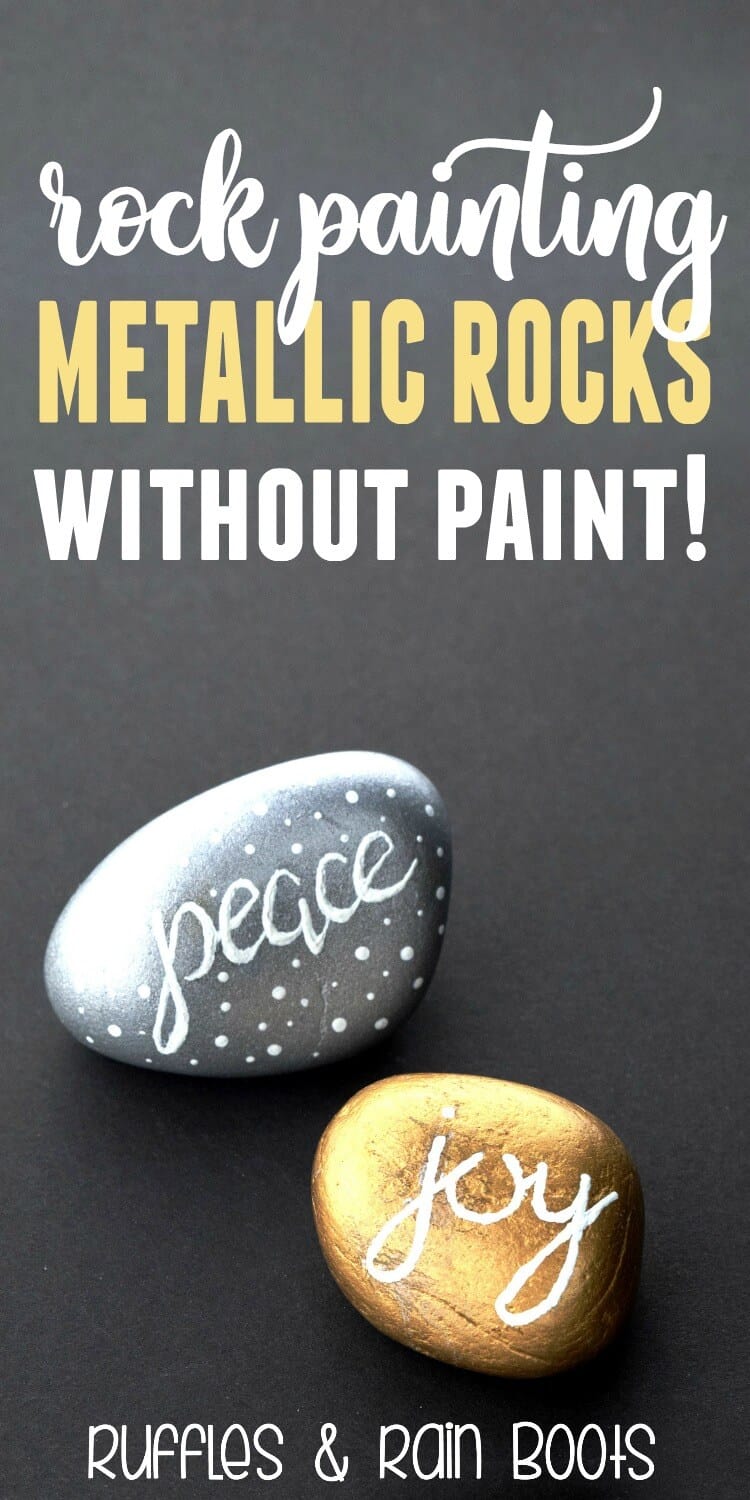 gold and silver rocks with hand lettering on black background with text which reads rock painting metallic rocks without paint