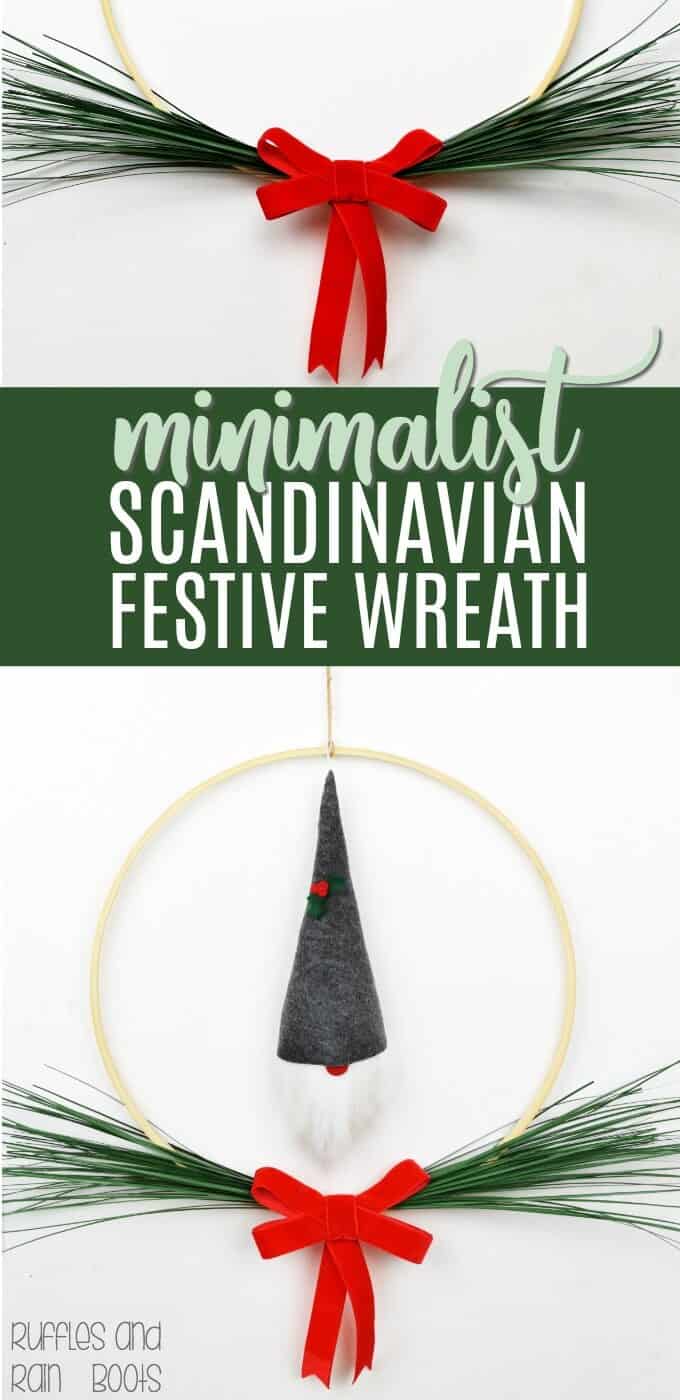 Make this Scandinavian Minimalist Christmas Wreath this year with only a few supplies and in less than 30-minutes. It's fun, features a tomte or nisse (gnome), and adds a different look to your holiday decor. #christmas #wreath #gnome #scandinavian #minimalist