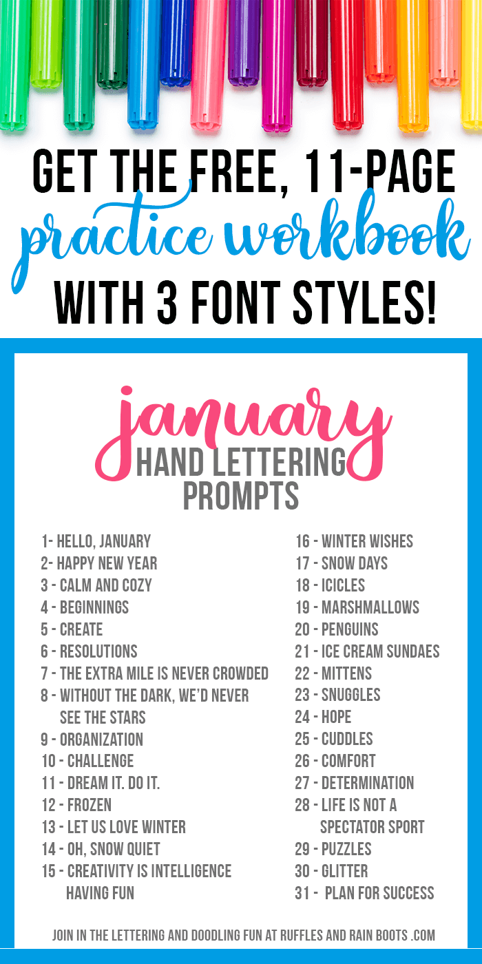 Grab these January Hand Lettering Prompts, featuring 3 font and type styles and a free, 11-page practice workbook! These prompts are also great for bullet journals and doodling. #handlettering #fonts #handmade #diycrafts #diylettering