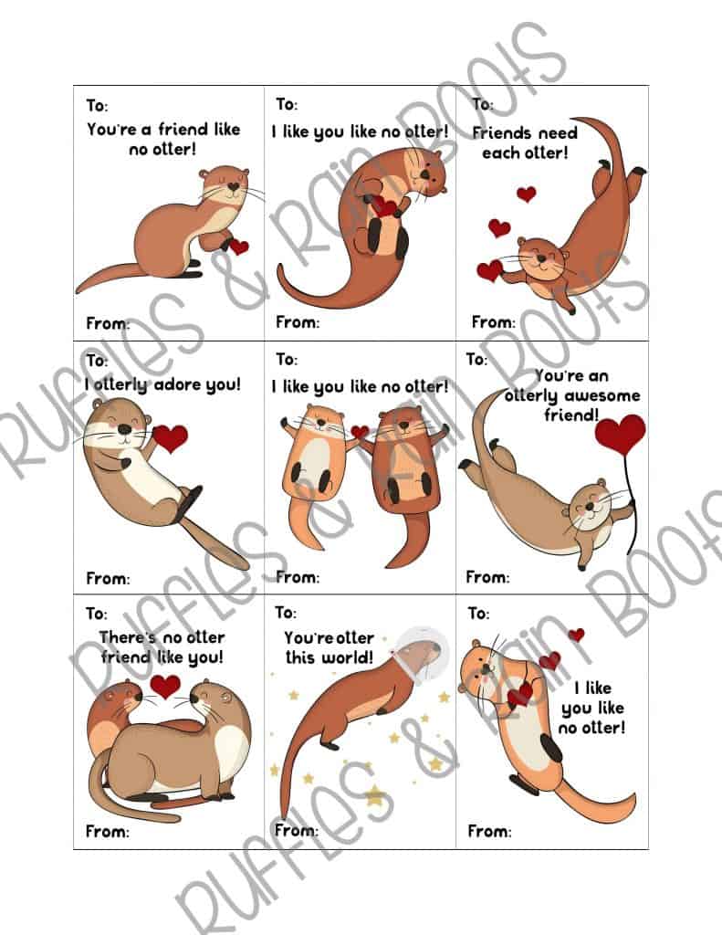 Otter Valentine's Day Cards for Kids Printable Classroom Valentines