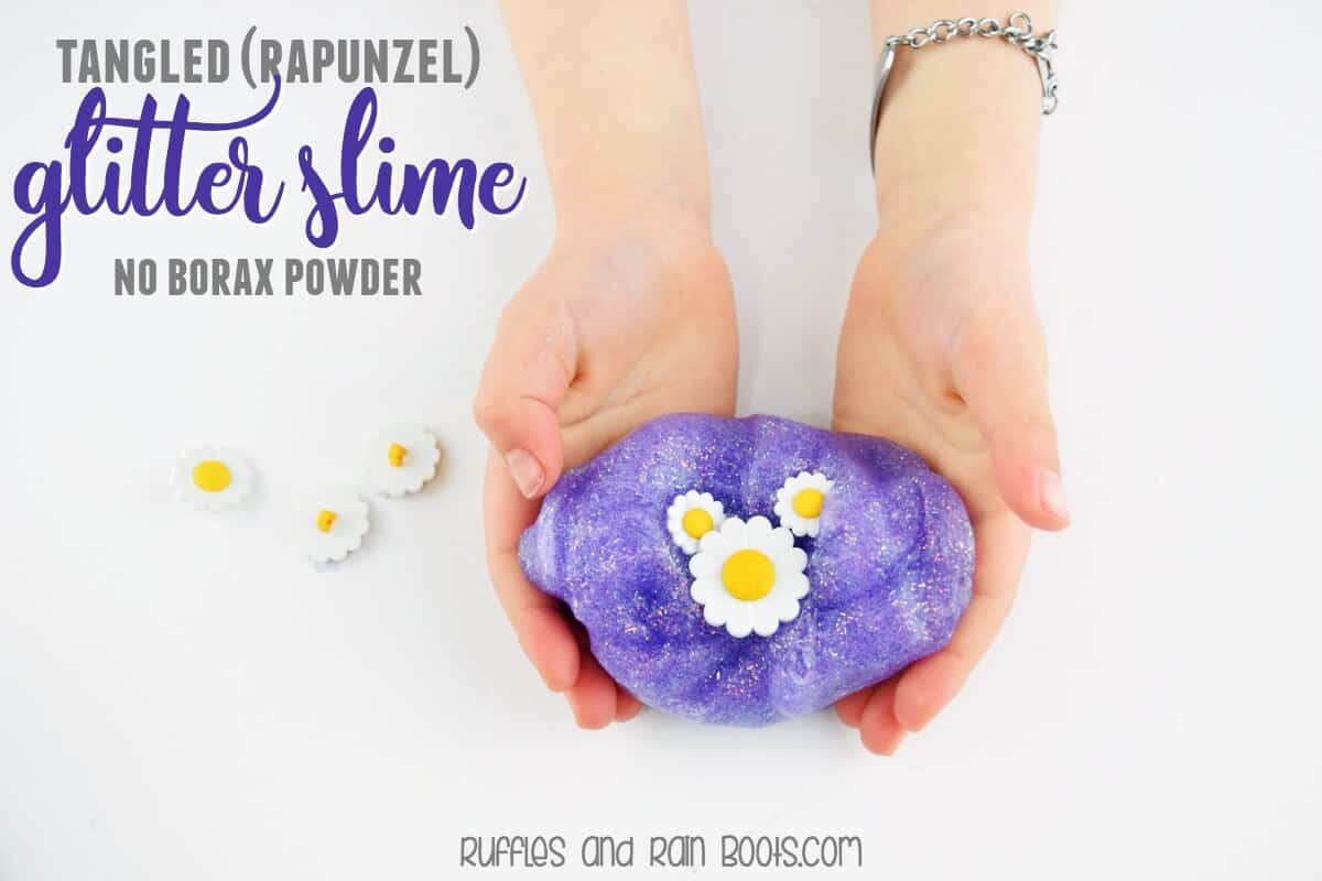 Disney Tangled glitter slime - this purple glitter slime is quick and easy, using only 3 ingredients. It does not contain Borax Powder. #slime #glitterslime #tangled #rapunzel