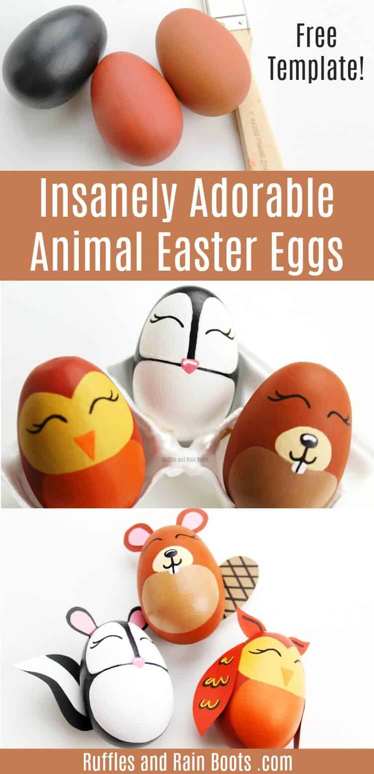 Make these adorable woodland animal Easter eggs for decor or ornaments for an Easter tree. Free template and no artistic talent needed! #Easter #Easterdecor #Eastereggideas #animalEastereggs #animaleggs #rufflesandrainboots 