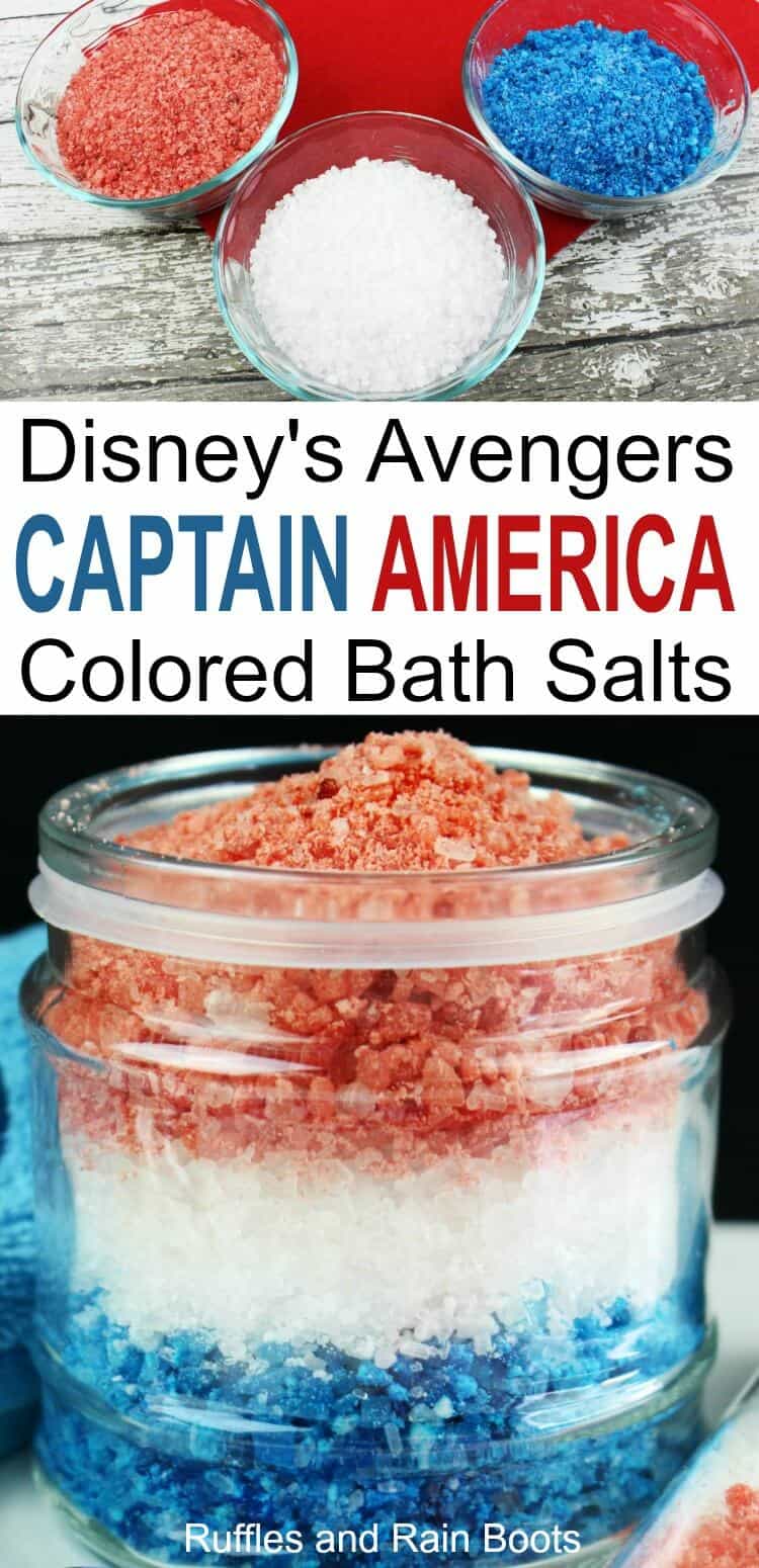 These Captain America bath salts are an easy Disney Marvel Avengers craft for kids to make themselves or to get as a gift. #diybath #avengers #disneycrafts #avengersinfinitywar #avengerscrafts #bathsalts #bathrecipes #bathproducts #bathtime #bathtimefun #bathideas #captainamerica #ironman #bathbombs #rufflesandrainboots 
