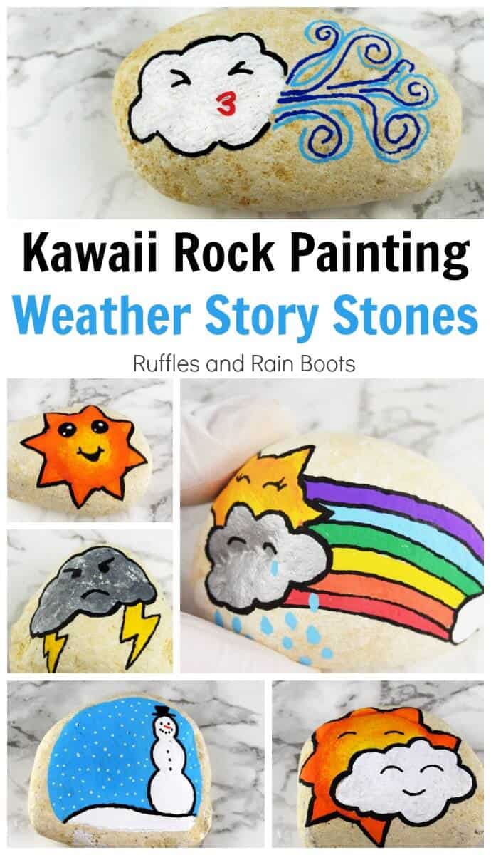 You can make these simple Kawaii weather story stones to add to a painted rock collection, help children tell stories, or hide for others to find. #kawaii #rockpainting #rockpainting101 #rockpaintingideas #paintedpebbles #paintedrocks #rufflesandrainboots #storystones