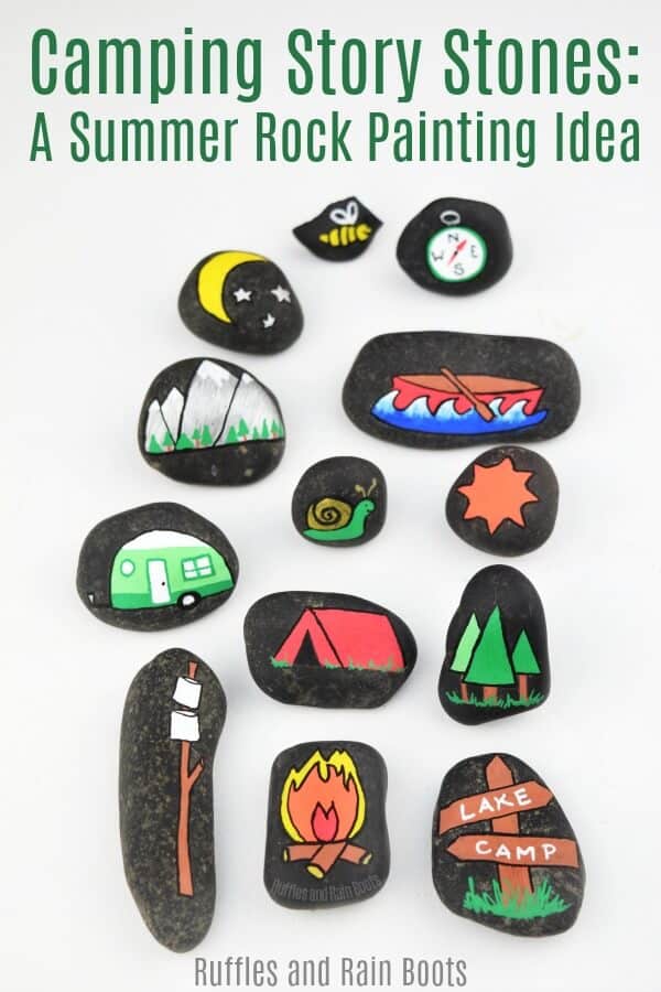 Camping story stones are a great rock painting idea for beginners or kids. There are two ways to make them and one doesn't involve any drawing skills! #rockpainting #camping #campingactivity #campfiregames #storytelling #montessori #campfirestories #storystones #rockpainting101 #rockpaintingforkids #painting