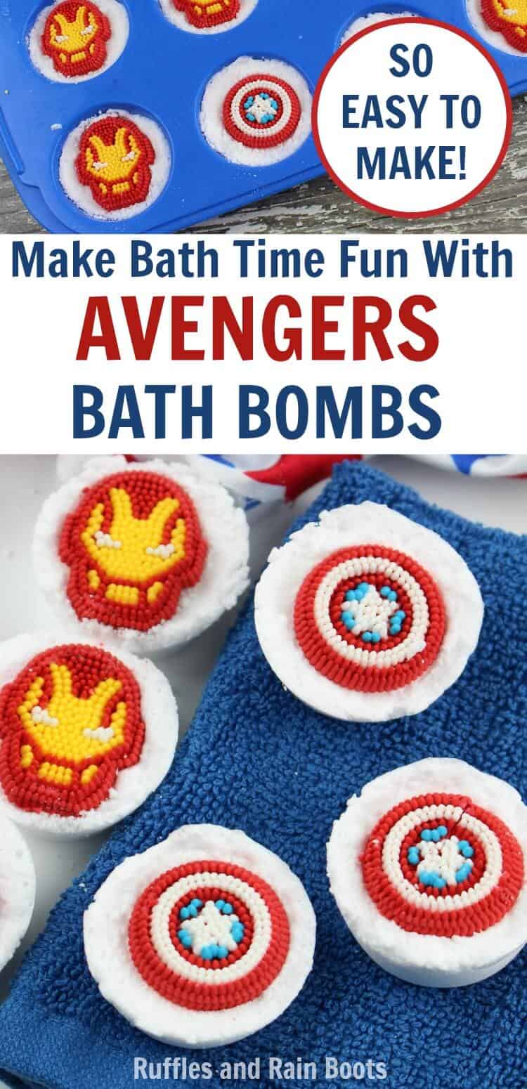 Make these easy Avengers bath bombs for any Disney Avengers fan. It makes a great Avengers craft for kids or adult fans. #Avengers #Disney #Disneycrafts #AvengersInfinityWar #IronMan #CaptainAmerica #Marvel #bathbombs #bathbombsforkids #craftsforkids #rufflesandrainboots