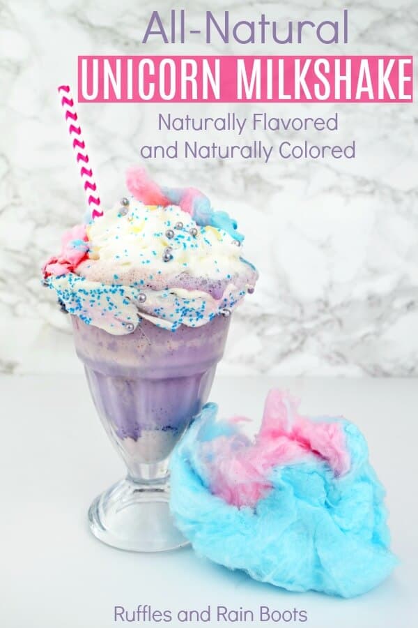Make this natural unicorn milkshake in just minutes using flavoring and coloring you won't cringe over. You and the kids can enjoy fun and colorful foods that taste amazing! #natural #unicorn #unicornfood #unicornlover #unicornmilkshake #naturalrecipes #rufflesandrainboots