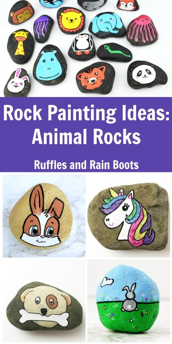 These fun and playful animal rock painting ideas are sure to inspire. From painted pebbles to rock art, check out these fun animal rocks. #rockpainting #paintedstone #paintedpebbles #rockart #painting #animalart #rufflesandrainboots