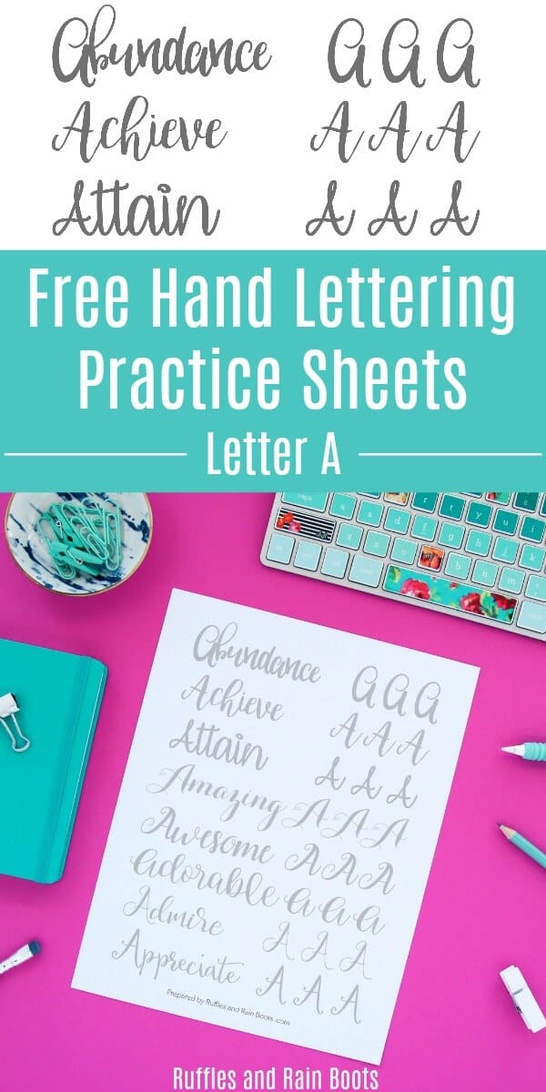 Get this free letter A calligraphy practice, featuring modern calligraphy, bounce lettering, and brush lettering styles! #handlettering #calligraphy #moderncalligraphy #bouncelettering #practicesheets #rufflesandrainboots