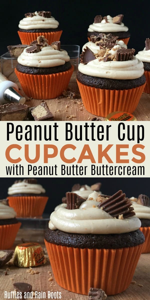These AMAZING peanut butter cupcakes and peanut butter buttercream frosting are hands-down the best thing to happen to peanut butter since jelly. And they're surprisingly easy to make! #Reeses #peanutbutter #peanutbuttercup #cupcakes #cupcakerecipes #birthdaycupcakes #rufflesandrainboots