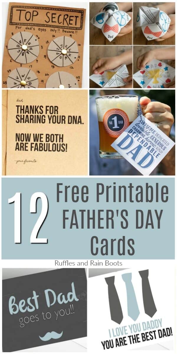 Vertical image collage of free printable father's day cards.