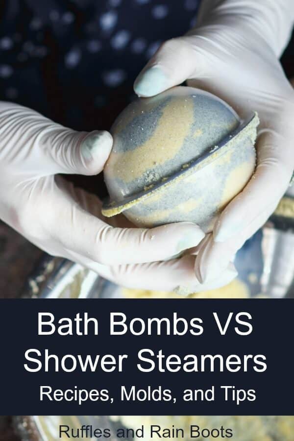 Shower fizzies versus bath bombs - are they the same? No. Do you use the same recipes? No. Learn the recipes, tips, and tricks for forming shower fizzies and bath bombs. #diybath #diybathbomb #bathbombs #showerfizzy #bathrecipes #rufflesandrainboots