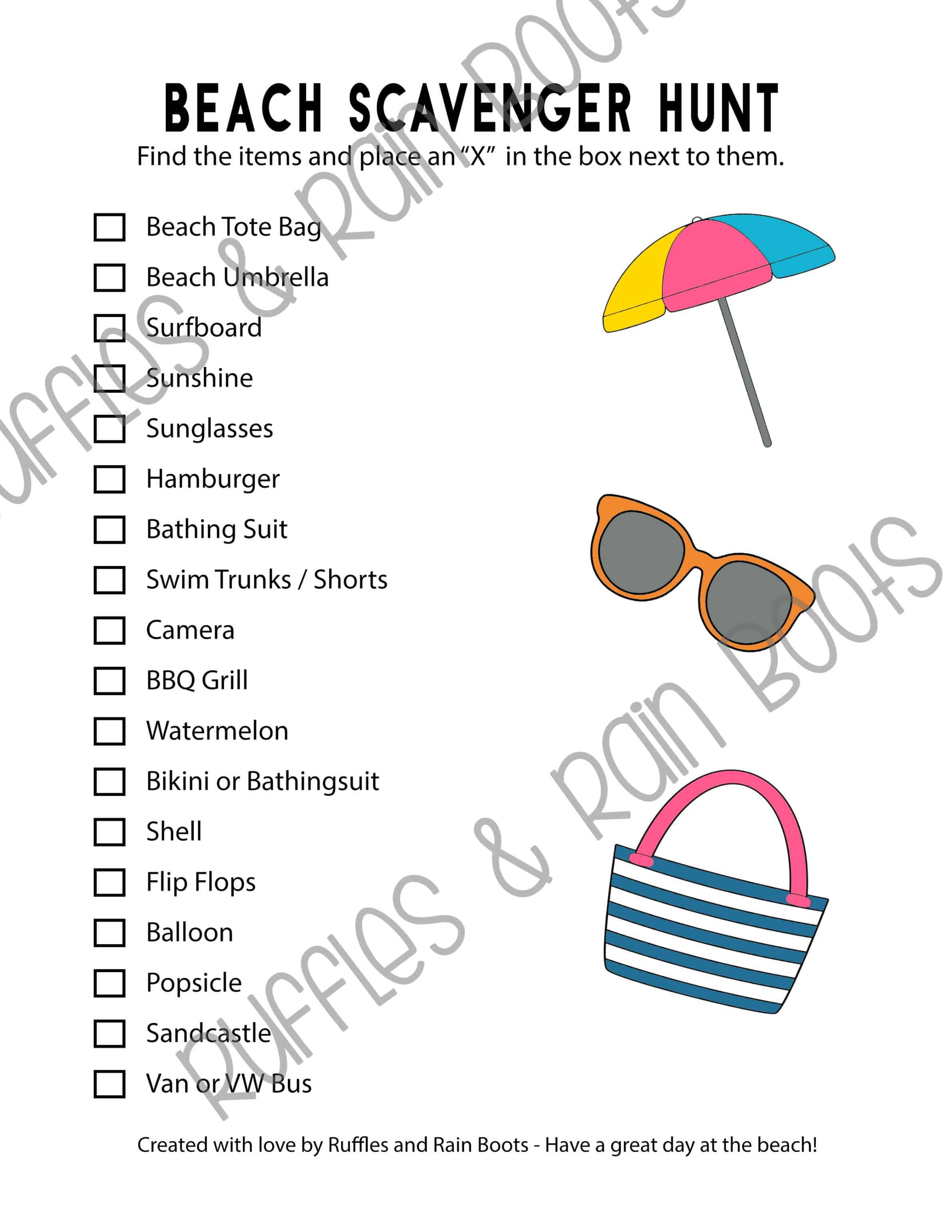 Vertical image of printable beach scavenger hunt set for readers and early readers.