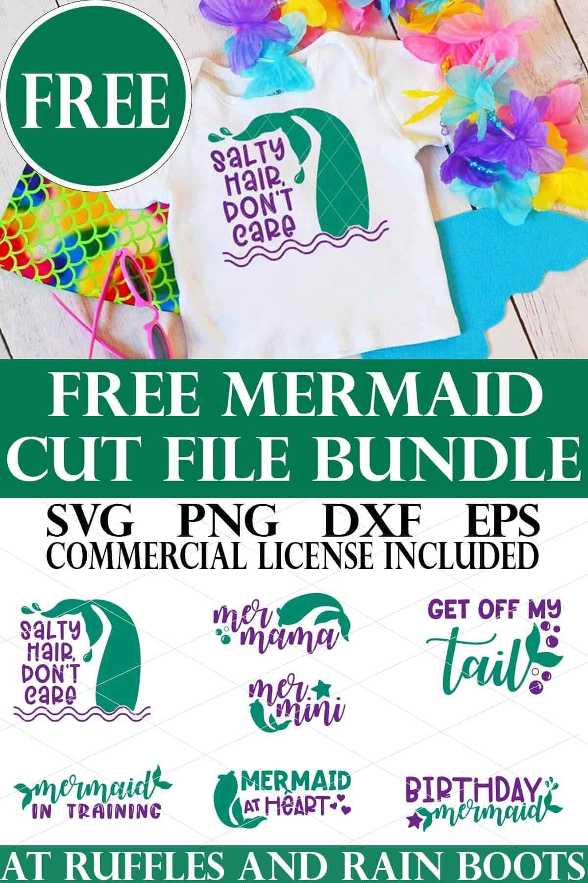Stacked vertical image showing mermaid svg free bundle from ruffles and rain boots with six mermaid cut files designs and one placed on a girls t shirt with flowers and mermaid tail background.