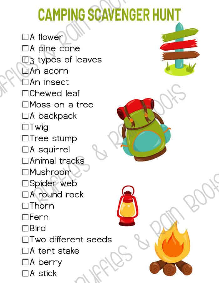 Early reader free camping scavenger hunt printable with art and checkboxes.