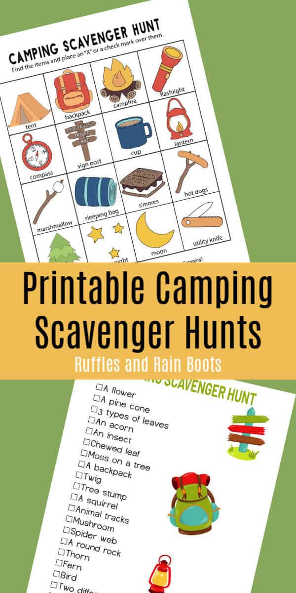 Vertical image of two free camping scavenger hunt printable pages to find camp related items.