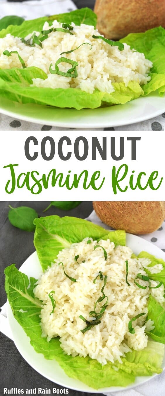 Make this coconut rice recipe in just minutes! It comes together fast for a weeknight dish and kids LOVE it! #coconutrecipes #ricerecipes #coconutrice #dinner #sidedishes #meatlessmonday #weeknightrecipes #quickmeals #rufflesandrainboots