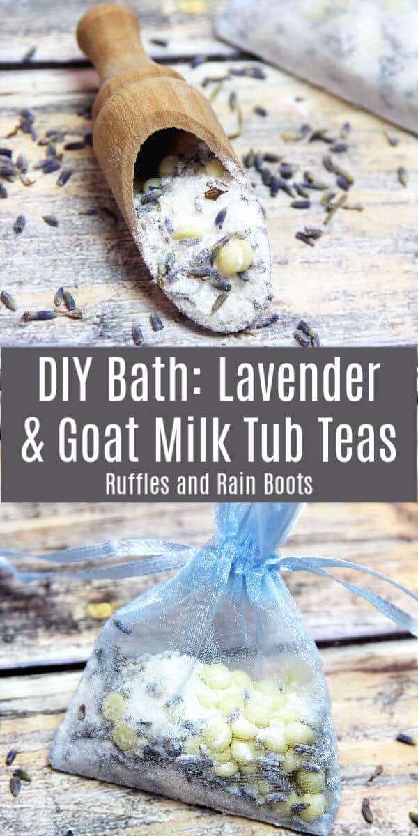 These lavender and goat milk tub teas are absolutely amazing! If you need a quick gift idea or a relaxing pampering session, these are the thing. #diybath #bathtea #tubteas #bathrecipes #lavender #goatmilk #rufflesandrainboots