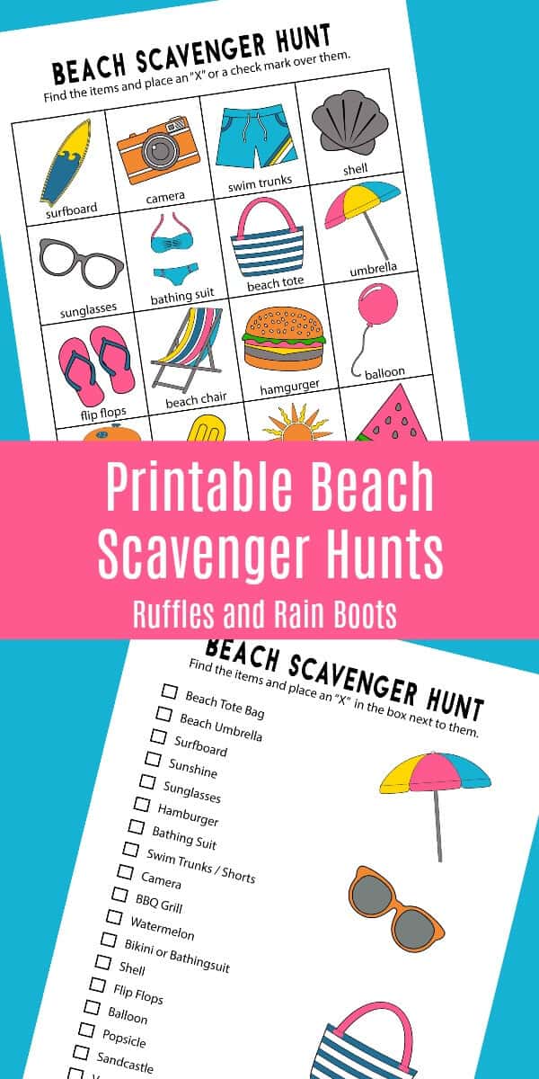 Vertical image of two printable beach scavenger hunt pages for kids in two reading groups.