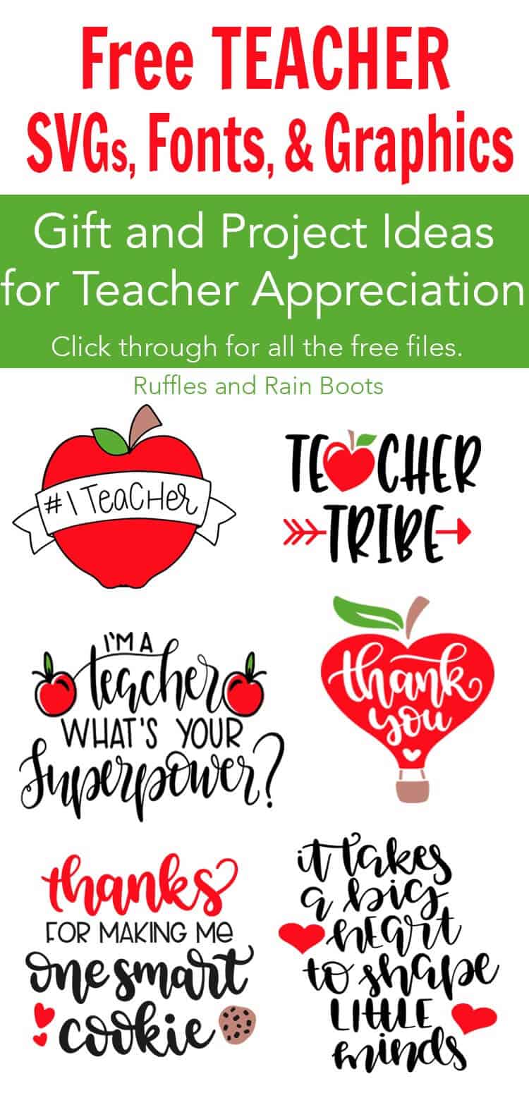 These free teacher SVG files and graphics are going to take teacher appreciation week and back to school gifts to a whole new level. #teacher #teacherappreciation #freesvg #freecutfiles #cricut #silhouette #digitalcrafts #digitalcrafting #rufflesandrainboots