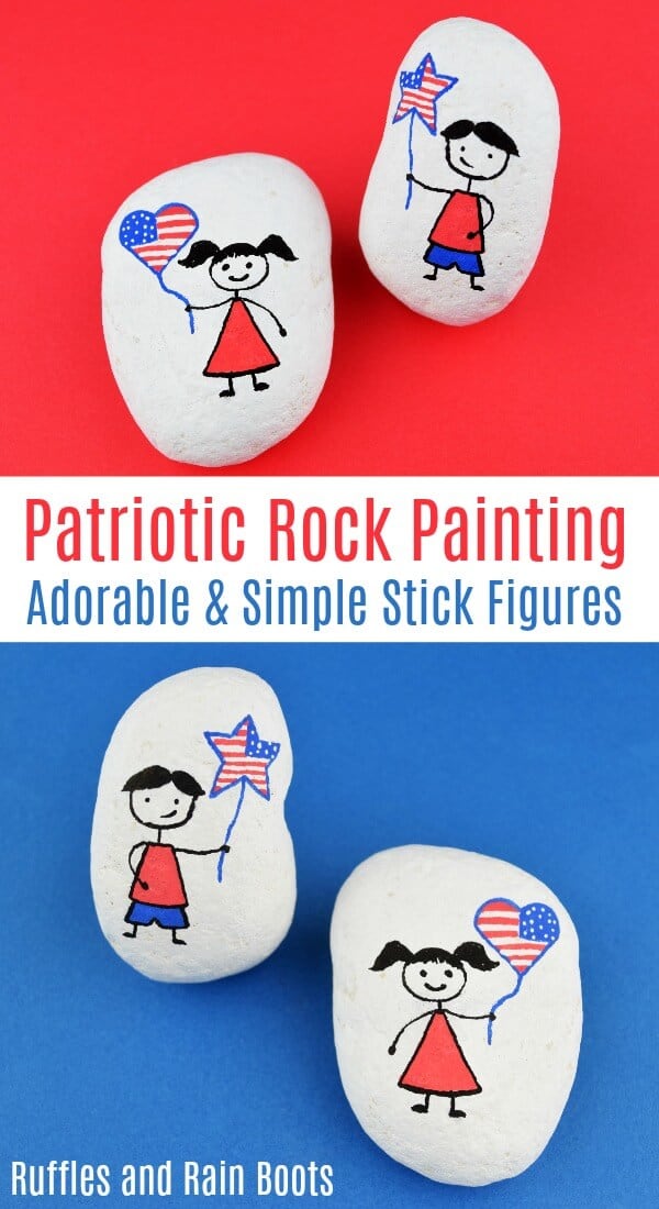 Paint this patriotic stick figure rock set quickly. It is made with simple shapes and comes together fast. #rockpainting #rockpainting101 #paintedstones #paintedpebbles #rockart #iloverocks #kindnessrocks #hiderocks #rufflesandrainboots