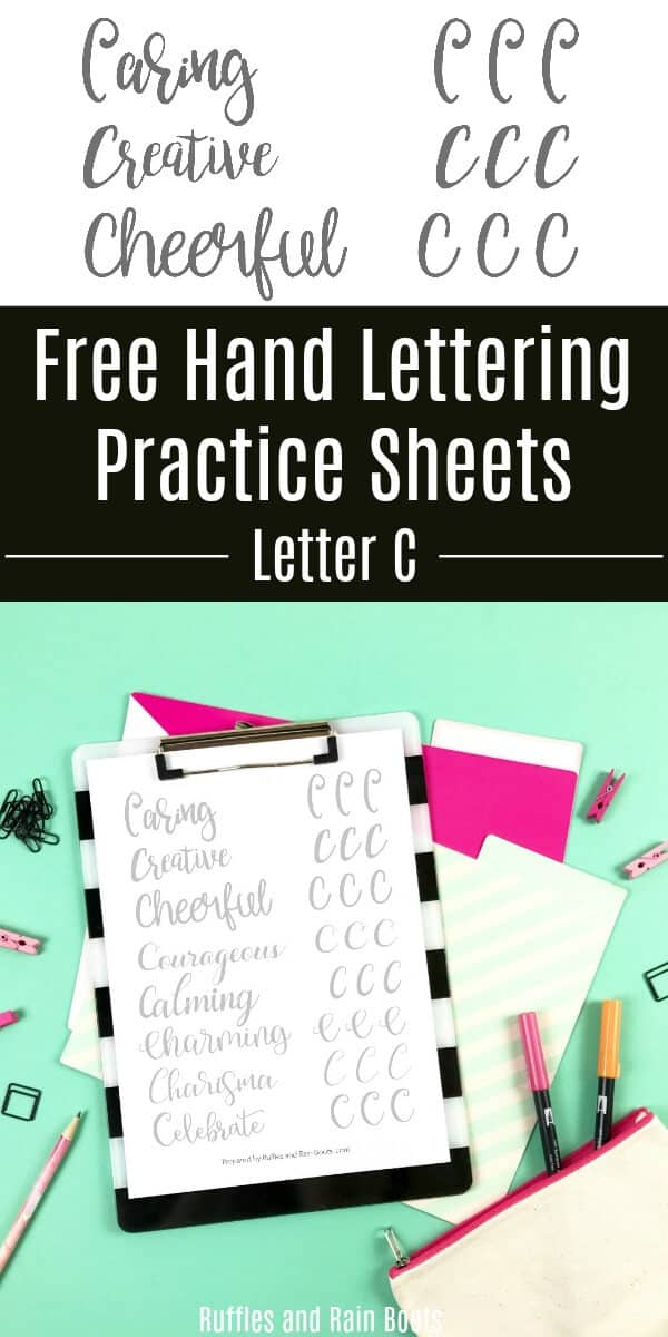 Grab these free letter C brush lettering practice sheets and work on 8 styles. Uppercase letters can trip hand letterers up sometimes, so let's practice together. #handlettering #brushlettering #bouncelettering #lettering #creativelettering #letteringart #rufflesandrainboots