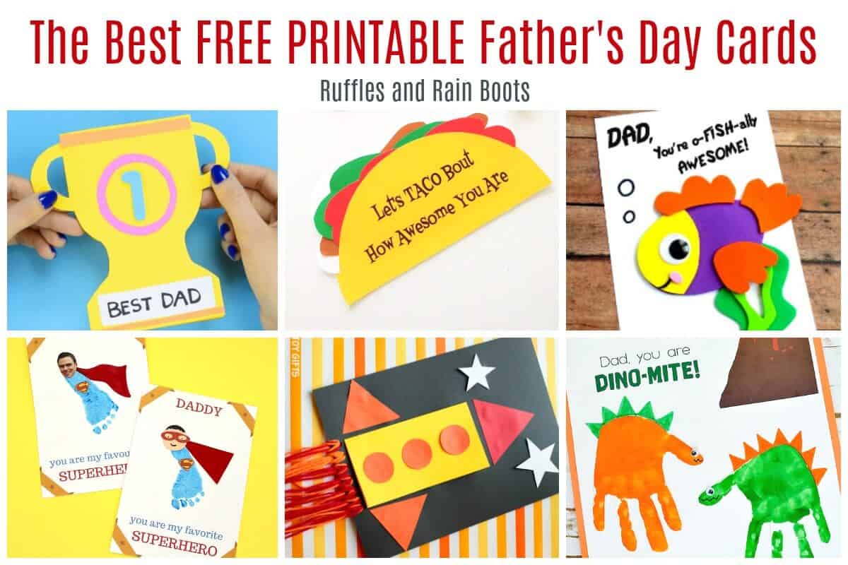 Horizontal image collage of printable cards from young children with text which reads the best free printable father's day cards.