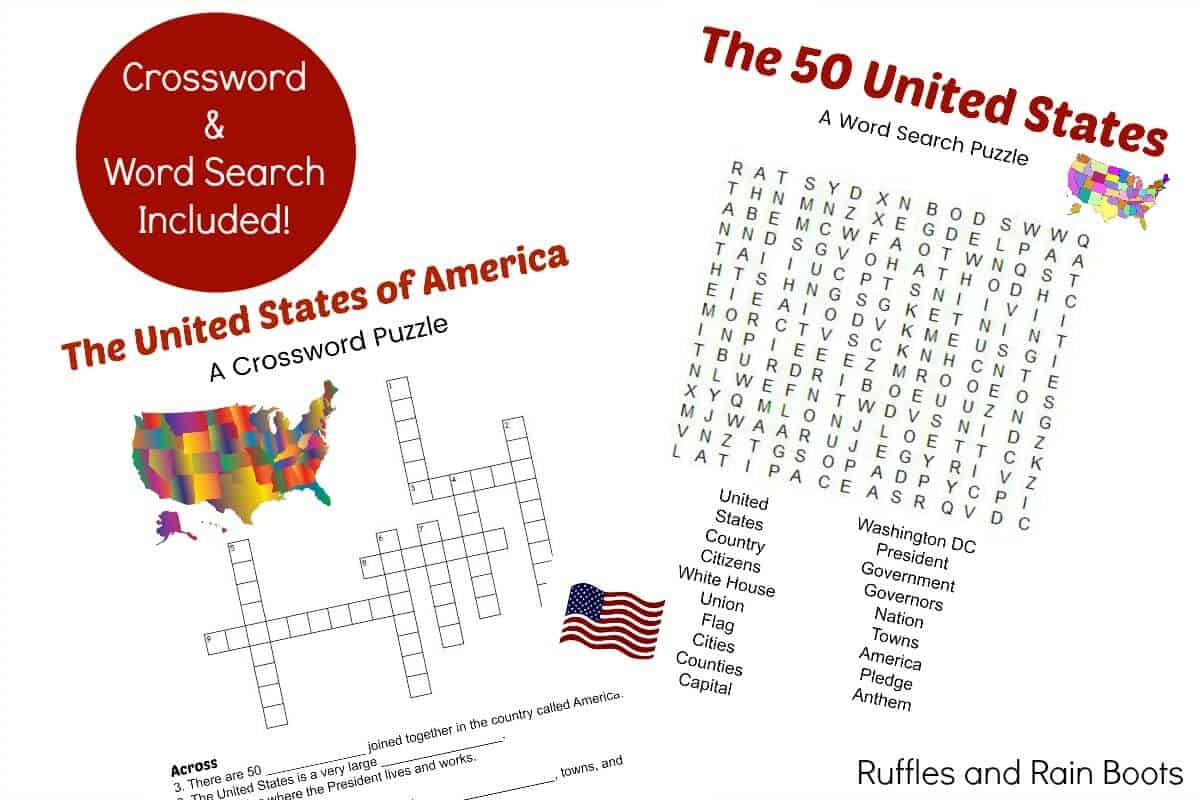 Free printable US state crossword game and word search hunt