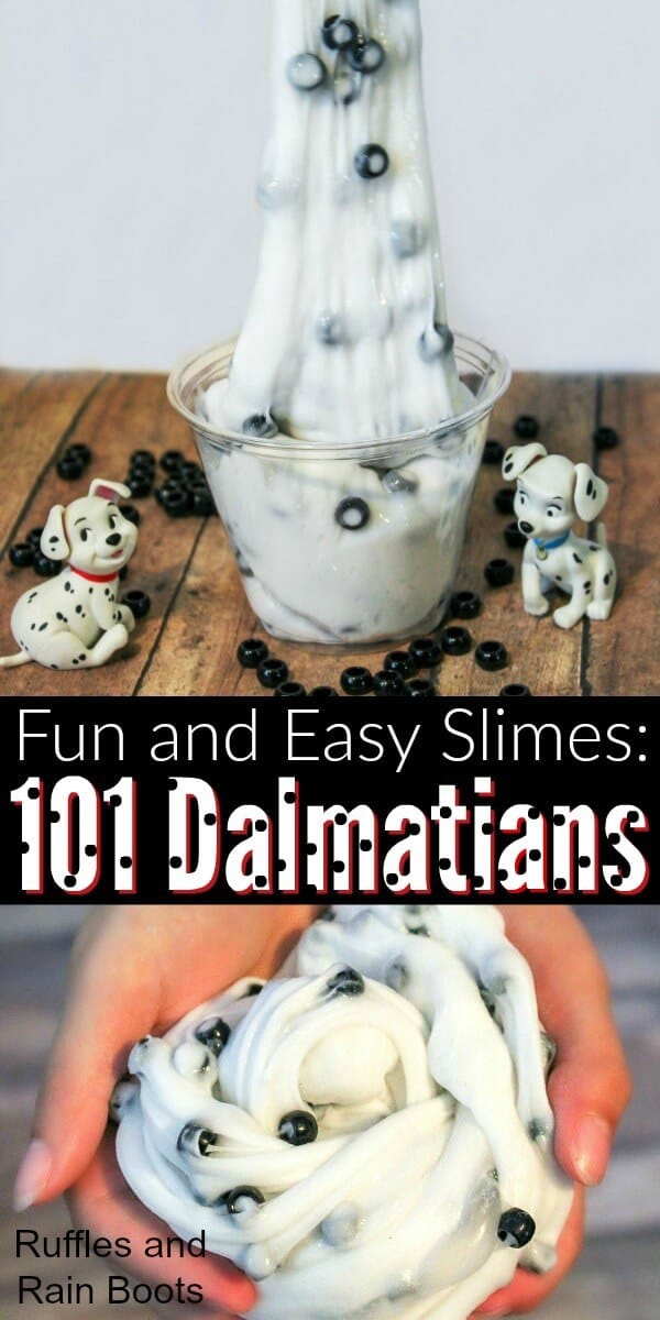This fun and easy 101 Dalmatians slime is perfect for a quick craft for kids. Using contact solution, this slime recipe is perfect for a family movie night. #101dalmatians #disneycrafts #polkadots #slimerecipes #safeslime #rufflesandrainboots