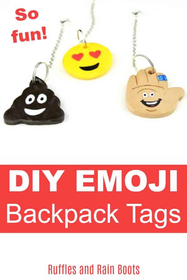 These DIY emoji backpack tags are fun to make and show off. This is a great back to school craft for kids to dress up their new accessories. #backpacktags #backpack #accessories #polymerclay #claytutorials #emojicrafts #craftsforkids #backtoschool #backtoschoolcrafts #rufflesandrainboots