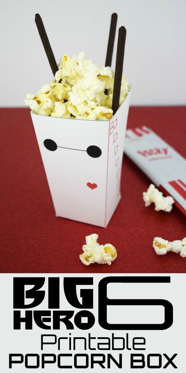 Print this Big Hero 6 inspired Baymax popcorn box printable to take movie night to the next level. #popcorn #popcornrecipes #baymax #balalalalalala #pocky #printable #popcornbox #pockyrecipes #madewithpocky #bighero6 #familymovienight #movienight #rufflesandrainboots