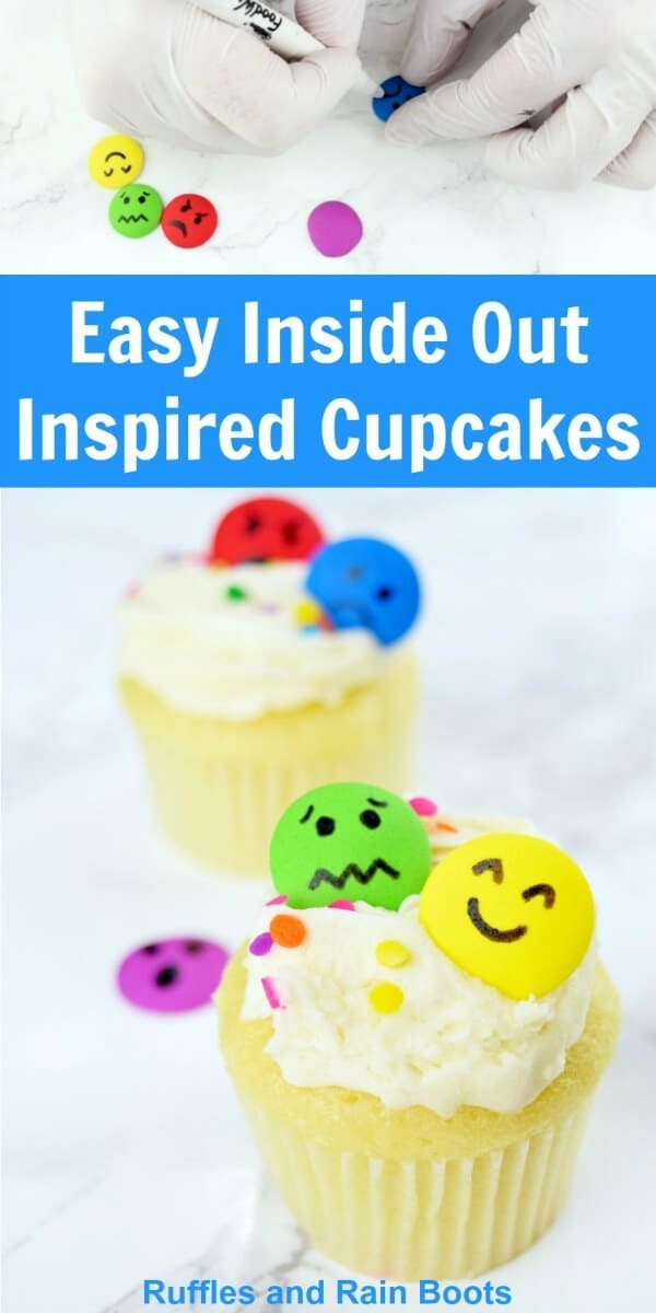 You will never decorate easier cupcakes than these Inside Out cupcakes. We made them for an Inside Out family movie night and the kids loved them. #pinitforlater #cupcakes #cupcakedecorating #cupcakes #insideout #movienight #familymovie #familymovienight #rufflesandrainboots