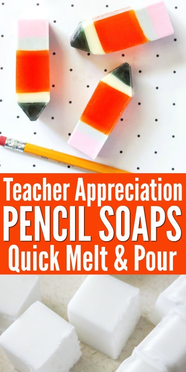 These melt and pour pencil soaps are perfect for back to school or teacher appreciation gifts. And they are SO easy to make! #diygifts #diybath #diysoap #meltandpoursoap #diysoapideas #pencilcrafts #backtoschool #teacherappreciation #homemadegiftideas #rufflesandrainboots