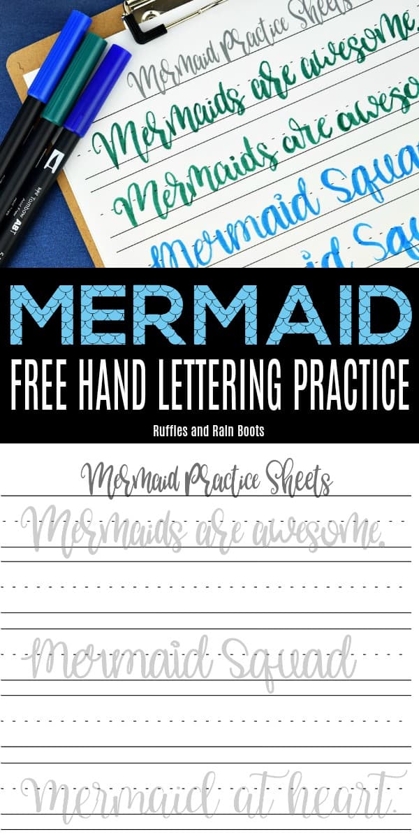 Print off this free mermaid hand lettering practice to work on large pen brush lettering and bounce lettering. #mermaids #handlettering #handletteringpractice #practicesheets #letteringart #letterart #mermaidlettering #mermaidpractice #rufflesandrainboots