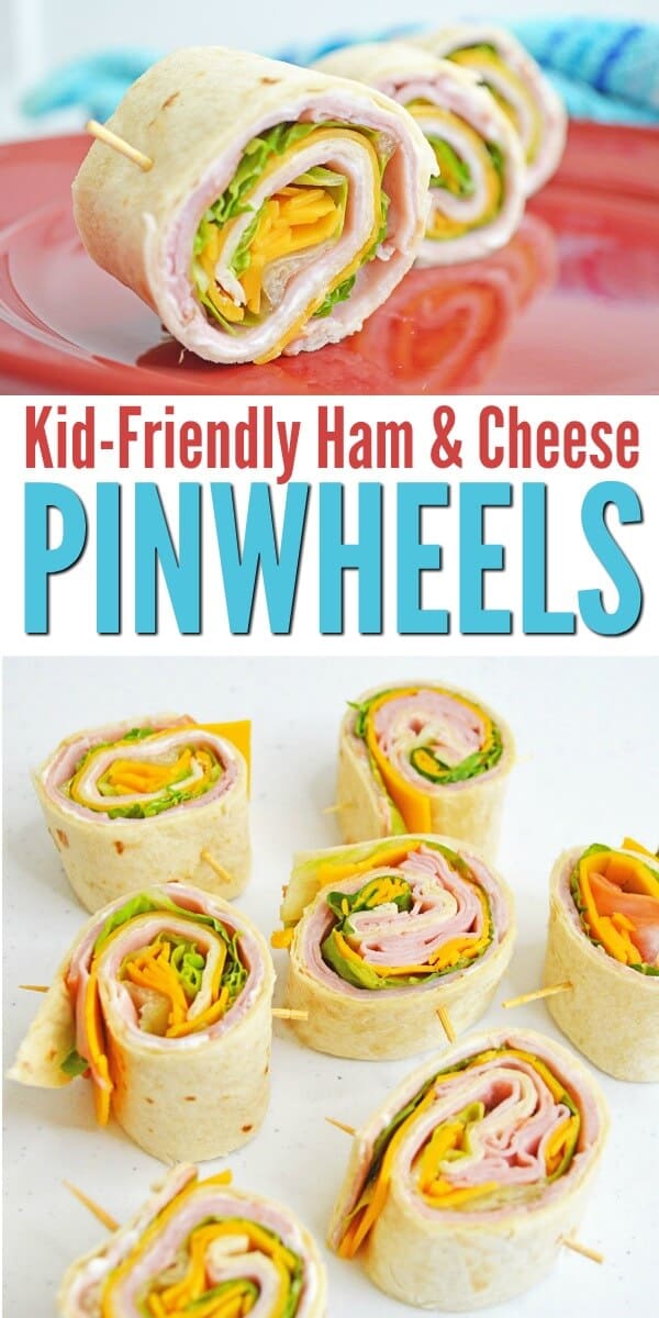 Split vertical image of close up tortilla roll ups which reads kid-friendly ham and cheese pinwheels.