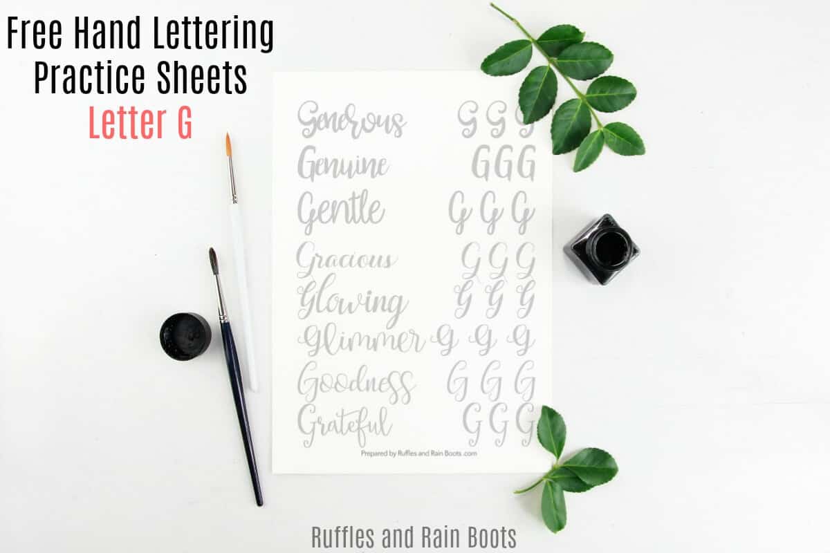 These free letter G hand lettering practice sheets will have your gorgeous, generous, and goodness on point in no time. Click through to download the free sheets. #handlettering #letteringpractice #theartoflettering #bouncelettering #brushlettering #moderncalligraphy #brushcalligraphy #rufflesandrainboots