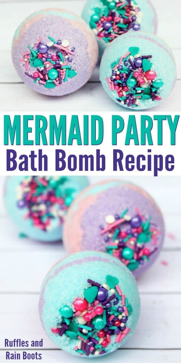 blue purple pink and sprinkles bath bombs on white wood background which text which reads mermaid bath bomb recipe